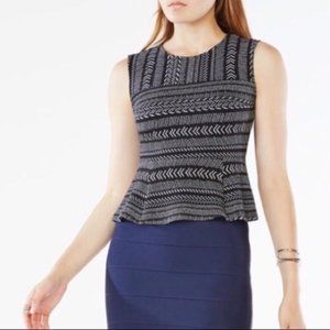 BCBGMaxAzria Yasmin Jacquard Peplum Top Blouse Black White